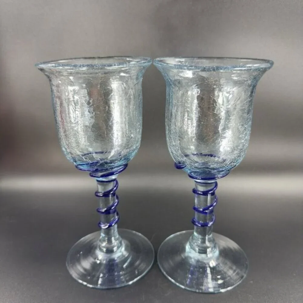 Hand‎ Blown Crackle Glass Goblet Drinking Glasses Set 2 Clear Blue Swirl Goblets